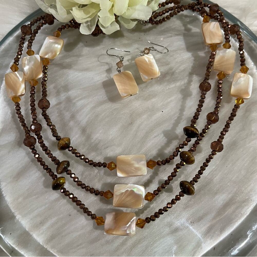 NEW Artisan Mother of Pearl MOP Glass Bead Three Strand Necklace Earrings Set